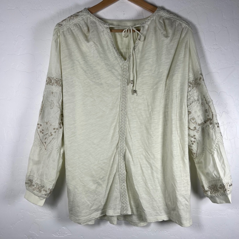 Soft Surroundings Embroidered Boho Peasant Top seafood green Metallic Trim Small
